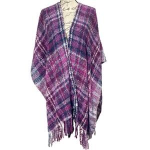 WOOLRICH Womens Fleece Wrap SHAWL Cape PONCHO Purple Blue PLAID Blanket ONE SIZE